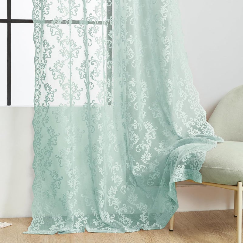 FOLKSIDE Pastel Turquoise Lace Curtains 63 Inch Length Western Paisley Aqua Lace Curtains for Living Room Bedroom Rod Pocket Light Filtering French Window Drapes Modern Sea Ocean Beach Decor, 52x63 - Image 5